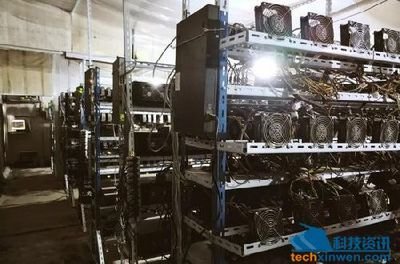  sprawling mining farm with rows of mining rigs operating 24/7